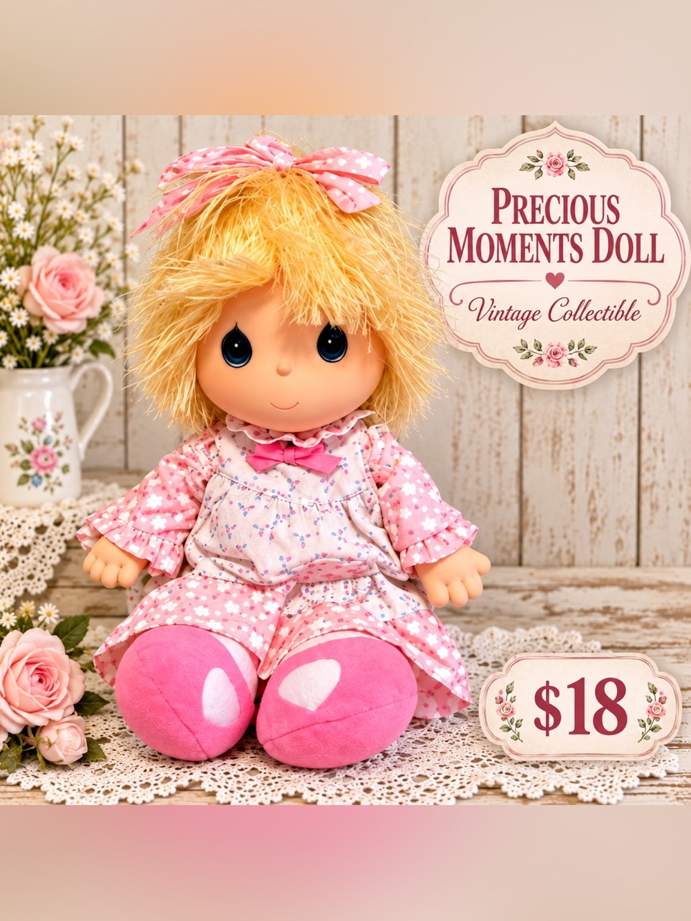 Precious Moments Pink Floral Plush Doll with Bow